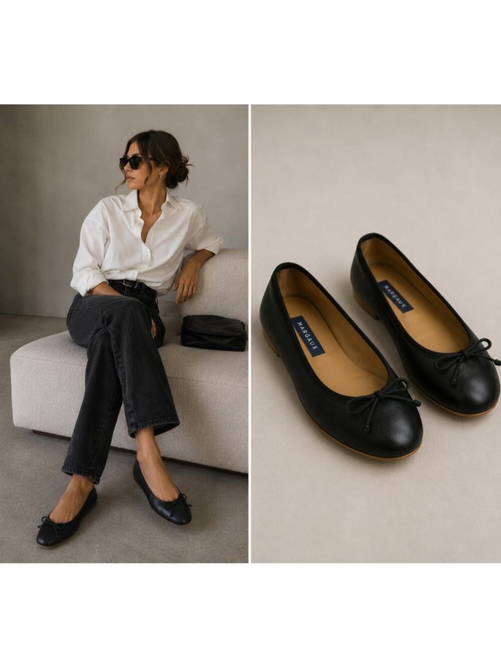 Margaux Demi Black Leather Ballet Flats Bow Round Toe Slip On Shoes Women 7.5 M
